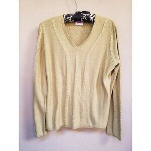 Mondi Women's V-Neck Cable Knit Pullover Sweater Lightweight Green Long Sleeve